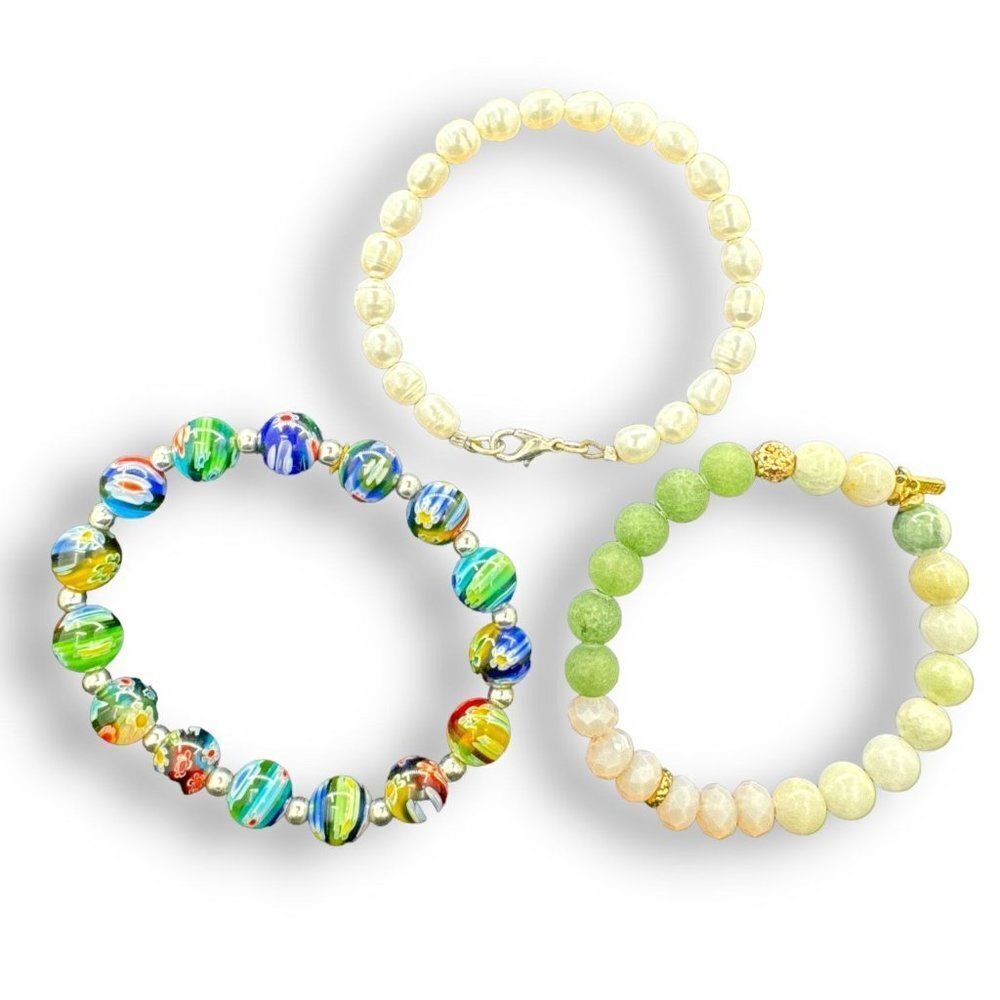 Three Pieces Gemstone Beaded Bracelets Multi Color Stone Beads and Pearl